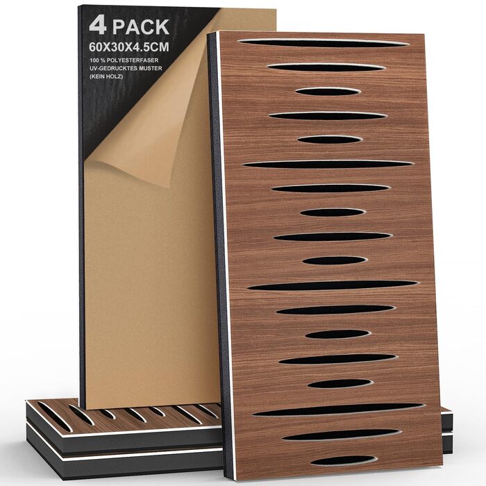 Акустичні панелі JBER для звукоізоляції стін, самоклеючі шумопоглинаючі плити з імітацією темного горіха (еліптичний візерунок), 60×30×4.5 см, 4 шт — для студії та дому