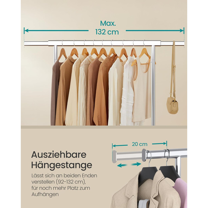 SONGMICS Clothes Rack on Wheels, Heavy-Duty Garment Rack, Extendable Clothes Rod, Load Capacity up to 100 kg, Easy Assembly, Portable, Silver HSR13S