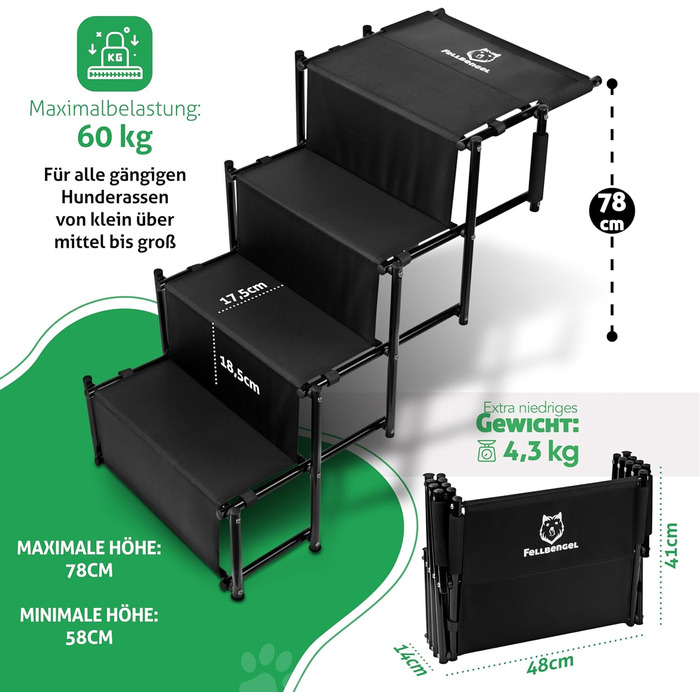 Dog stairs car [with unique safety level] Folding dog ramp car - Dog car entry aid - Dog stairs for large dogs - Folding dog ladder up to 60kg