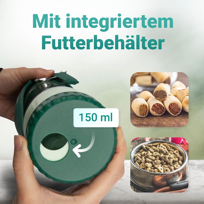 Турбунок для собак Emmi-pet 600 мл з контейнером для корму 150 мл – портативна пляшка для пиття в дорогу для маленьких та великих собак – ідеально підходить для подорожей, походів та активного відпочинку – гігієнічний та легко миється – аксесуари для соба