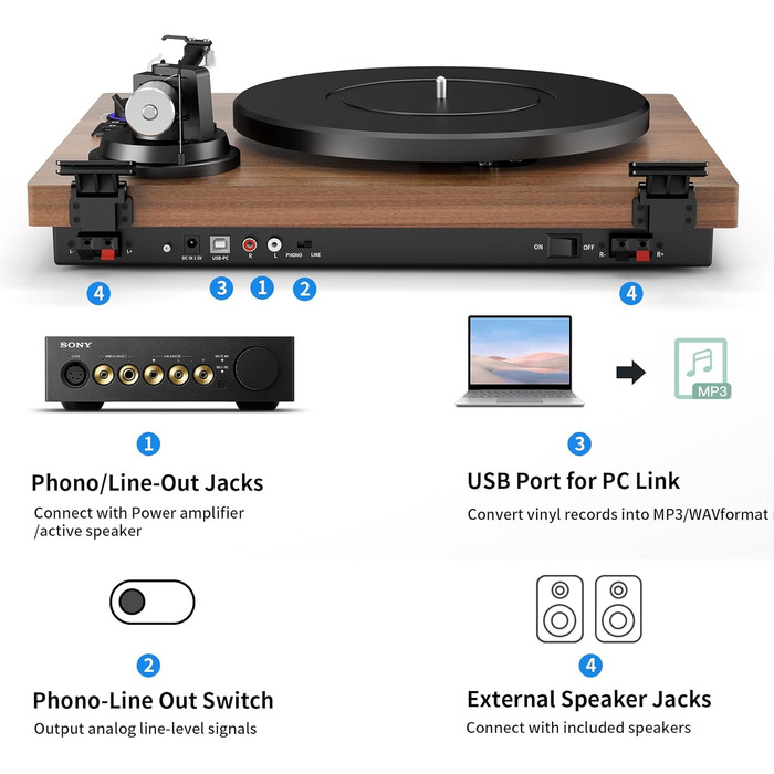 Програвач вінілу HiFi Bluetooth USB з колонками, стереосистема Dual, дерев'яний корпус, регульоване противага, картридж магнітного типу, RCA вихід