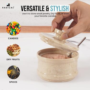 Radical marble salt cellar with lid and spoon, 8.9 cm, handmade, kitchen table decoration, spice jars and spice containers, ideal salt container.