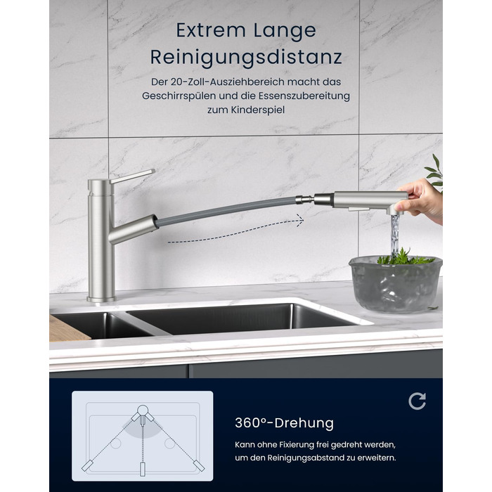 Однолеверний змішувач для кухні Dayone з висувною лійкою, нержавіюча сталь, 3 режими, 360° обертання, для кухонних мийок (15 см), матовий, преміум якість