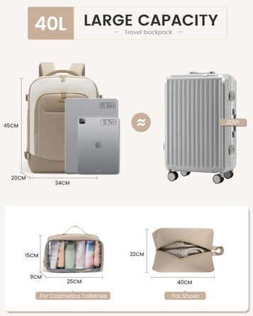 LOVEVOOK Рюкзак для ручної поклажі, 40L, для жінок, валіза-рюкзак з відділенням для ноутбука, водонепроникний, для подорожей, ділових поїздок, вихідних, Khaki-beige