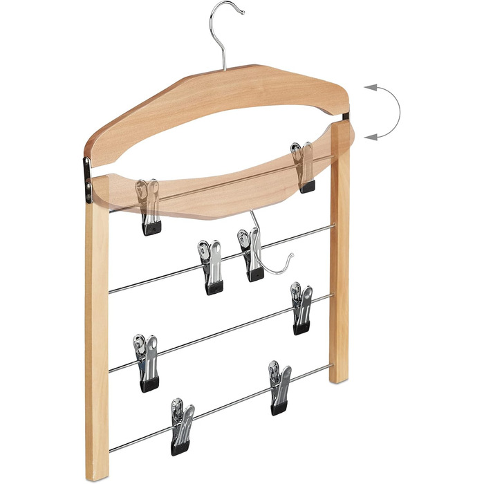 9 x Rock Hangers, Trouser Hangers Wood, 360° Swivel Hook, Clothes Hangers Non-Slip, HBT 45.5x39x2.5 cm, Silver/Natural