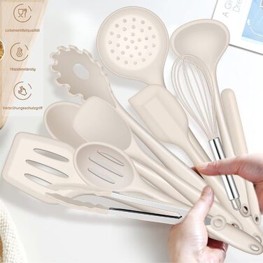 Набір кухонних аксесуарів Joyfair, 15 предметів, силікон, кухонне приладдя, стійке до нагріву, антипригарне, для посуду, з підставкою, придатне для миття в посудомийній машині (Хакі)