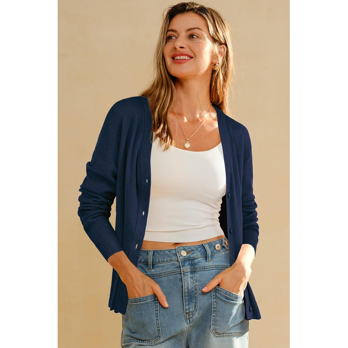 Жакет Arach&Cloz з вовняної суміші, в'язаний, V-подібний виріз, елегантний кардиган, короткий рукав, з ґудзиками, повсякденний топ (A-navy, XXL)