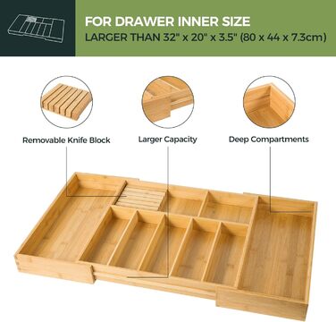 VaeFae Bamboo Cutlery Box, Adjustable Drawer Cutlery Insert, Cutlery Organizer for Kitchen, and Expandable Utensil Holder