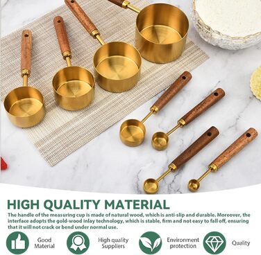 Набір мірних стаканів та ложок з нержавіючої сталі золотого кольору з дерев'яною ручкою, 8 шт. - для вимірювання сухих та рідких інгредієнтів (60мл - 250мл), для кухні та випічки