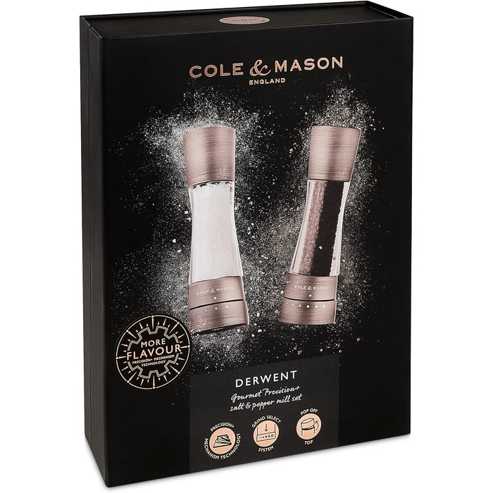 Cole & Mason H332028 Derwent Titan Salt and Pepper Mill, 2-Piece Set, Manual, Stainless Steel/Acrylic, 190mm, Precision+, Gift Set