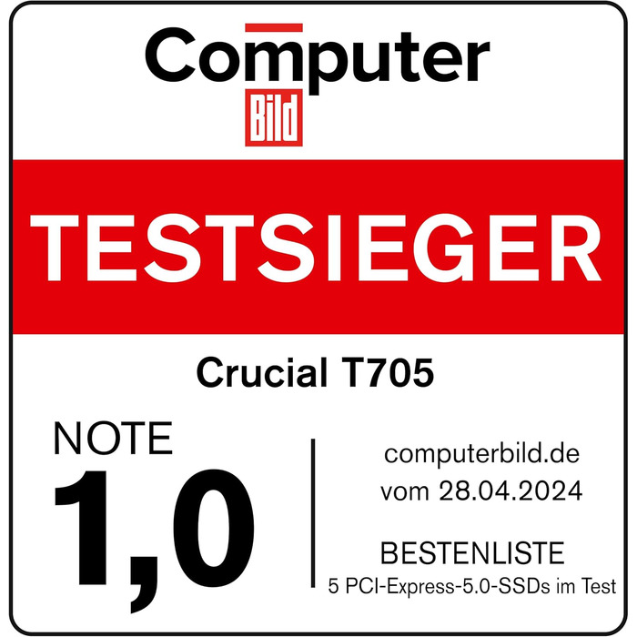 SSD Crucial T705 2TB PCIe Gen5 NVMe M.2 - Швидкість до 13600 МБ/с, DirectStorage, сумісний з PCIe 4.0, внутрішній SSD