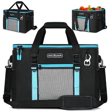 INSMEER Кулер для їжі та напоїв 50 л, великий, складний, для 80 банок, витримує витоки, з відкривачем, для пікніків, кемпінгу, пляжу, сімейних поїздок на 4 особи, чорний