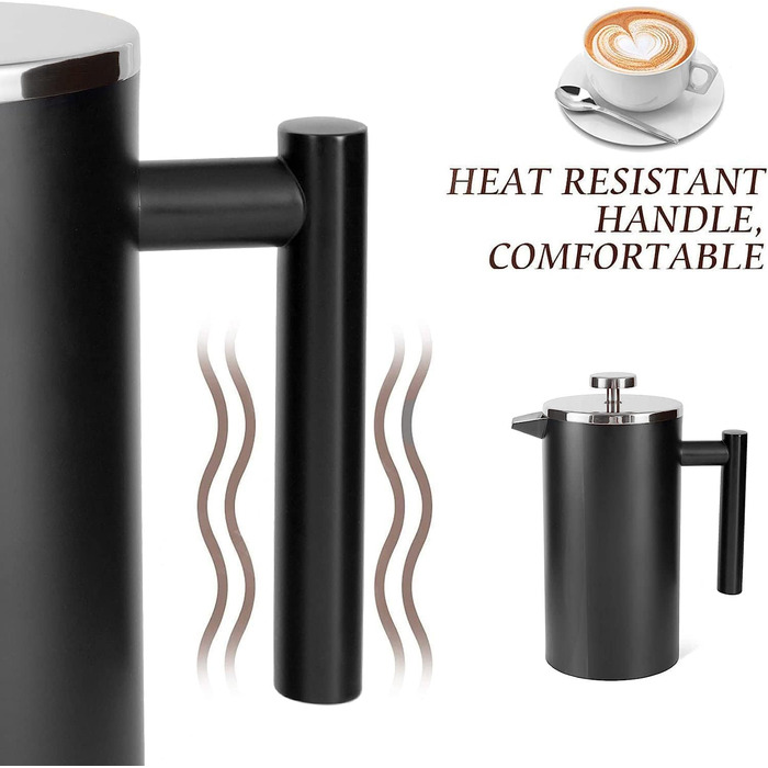 French Press Thermo with Keep-Warm Function, Coffee Maker made of double-walled stainless steel 0.65l, Replacement Filter I Coffee Press also for Home (Black, 650ml)
