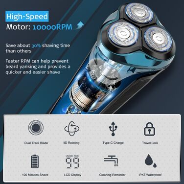 Електричний чоловічий бритва з тримером, USB-C, 120 хв роботи (блакитний)