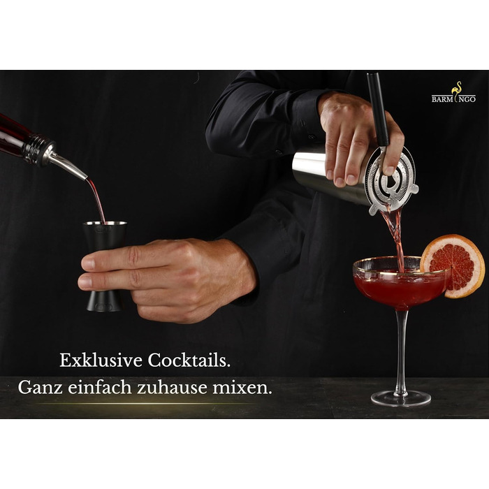 BARMINGO Stainless Steel Cocktail Set - 11 Piece Boston Shaker Set with Stand & Bar Accessories | Cocktail Shaker Set, Bartender Set, Bar Set | Black Silver