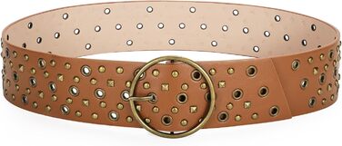 Жіночий широкий пояс JasGood з прорізними заклепками та круглою пряжкою, пояс з заклепками, пояс для талії для вінтажних джинсів, штанів, суконь. Підходить для талії до 88 см (Колір: Коричневий)