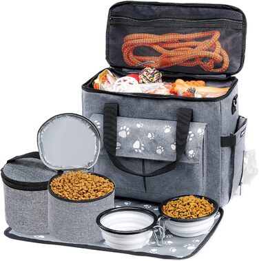 Сумка для собак у подорожі, схвалена авіакомпаніями, з контейнерами для корму та складними мисками (XL, сіра)