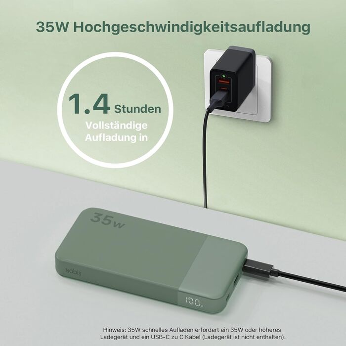 Power Bank NOBIS 35W 10000mAh з Digital Display, USB-C, Швидка зарядка PD/QC, для смартфонів, планшетів, камер (Зелений/Чорний)