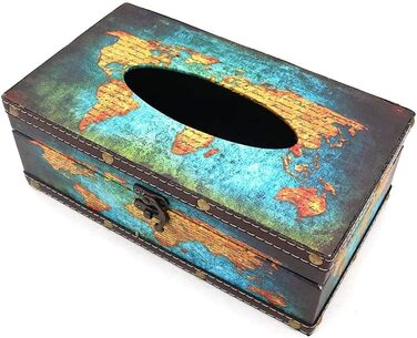 POFET Vintage Chic Shabby Wood Tissue Box Holder Rectangular Handcraft Tissue Paper Box Cover Serviette Organizer Holder Home Storage Office Car Decoration with Metal Lock - Card