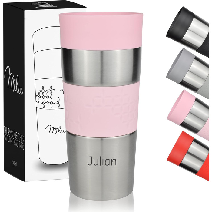 Термокружка Milu 450 мл - ізольована чашка для кави, 100% захист від протікання, сталева термокружка, автотермокружка з подвійними стінками, термокружка, термокружка для подорожей (350 мл (+гравіювання), рожева)