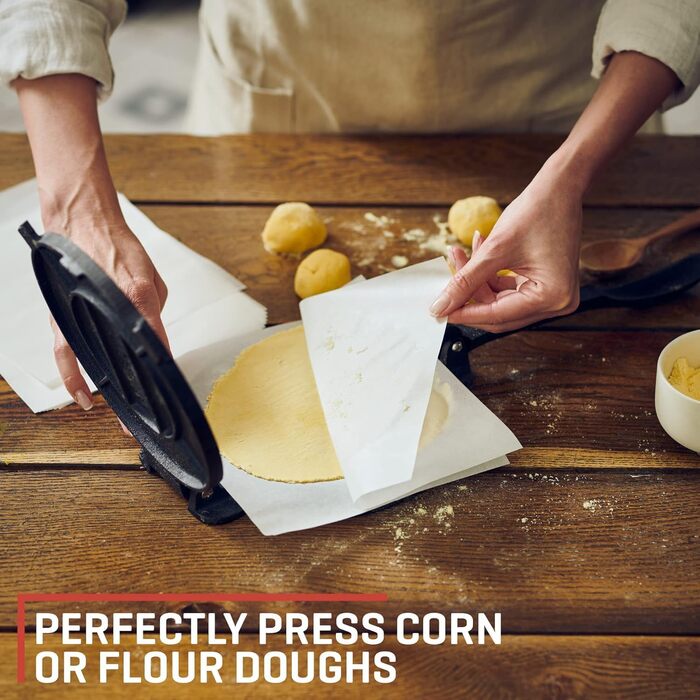 Пресс для тортилій Uno Casa Tortilla Presse 20 см - для тако, з чавуну, ротатор, 100 шт. паперу