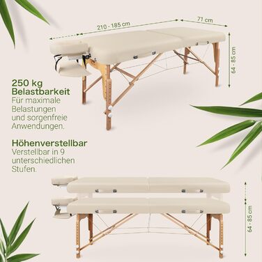 Масажне ліжко MASSUNDA Deluxe – мобільне, складне, регульоване по висоті. Широке дерев'яне ліжко для масажу з ергономічною підголовником, чохлом, підлокітниками та подушкою (кремовий)