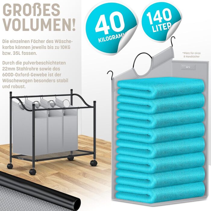 KESSER® Laundry Basket, Laundry Collector, Laundry Sorter with 4 Removable Fabric Bags | 4 Compartments x 35 Liters | Laundry Box with 12 Laundry Instructions, 360° Swivel Wheels with Brake, Laundry Sorting System, Laundry Cart, Grey