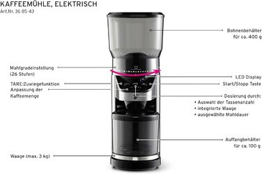 Електрична кавомолка Tchibo з вбудованими вагами, з нержавіючої сталі, конічні жорна, 26 ступенів помолу, чорно-срібна