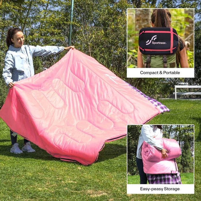 Сплячий мішок Outdoor Sportneer для 2 осіб: двомісний спальний мішок для відпочинку на природі, 3 сезони, 220x150 см, 2.75 кг з 2 подушками, дорослий ковдровий спальник для сім'ї (без фланелевої підкладки) (Рожевий)
