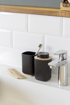 Дозатор для мила WENKO Rotello, 250 мл, з бамбуковими деталями, для мила та засобів для миття посуду, чорний/натуральний