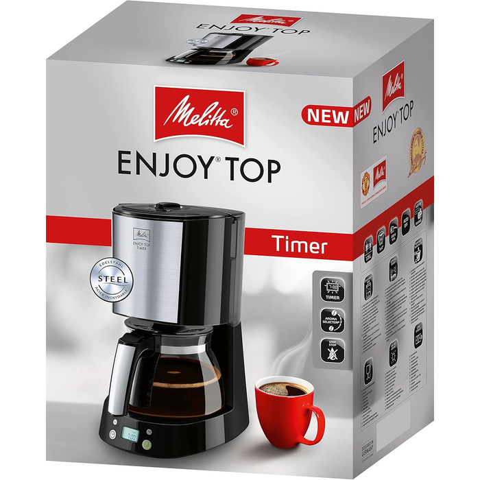 Кавомашина Melitta Enjoy Top з таймером, 10 чашок, чорний колір, скляна колба, функція Tropfstopp