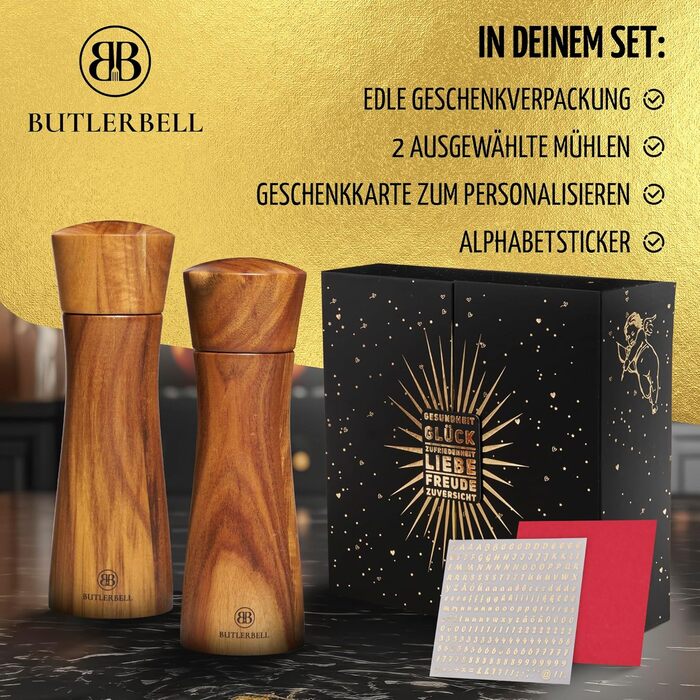 BUTLERBELL® Salt and Pepper Mill Wood in Luxury Gift Box with Heart - ideal as a Wedding Gift | Wedding Gifts | Wedding Gifts for Bride and Groom | Housewarming Gift (Angel)