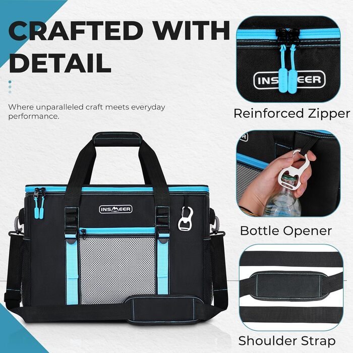 INSMEER Кулер для їжі та напоїв 50 л, великий, складний, для 80 банок, витримує витоки, з відкривачем, для пікніків, кемпінгу, пляжу, сімейних поїздок на 4 особи, чорний