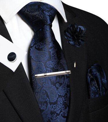 Набір краваток JEMYGINS для чоловіків: краватка з візерунком пава, нагрудна хустинка, краватозатискач, брош та манжетні кнопки (темно-синій)