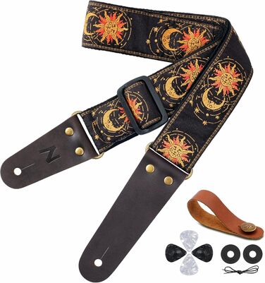 Гітарний ремінь Nefelibata Vintage з вишивкою, з шкіряними кінцями для бас-, електро- та акустичної гітари, з безкоштовною застібкою, 2 застібками та 4 медіаторами (Сонце та Місяць)