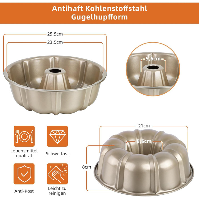 Форма для кексів Onader Gugelhupfform, 25.5 см, з антипригарним покриттям, з нержавіючої сталі, для випікання кексів, хліба, тортів. Золотий колір