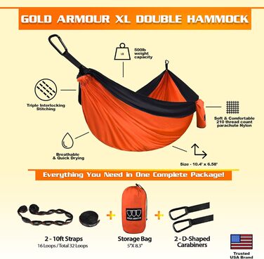 Гамак подвійний Gold Armour XL для кемпінгу та відпочинку на природі (помаранчево-чорний) з ременями для кріплення