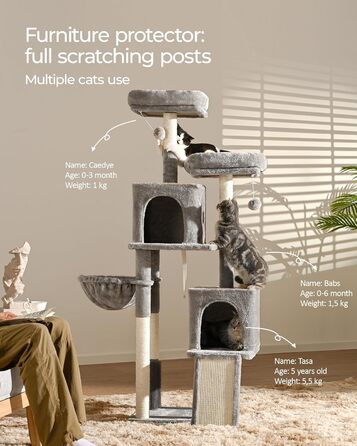 Кігтеточка для котів FourFurPets 156 см з драбиною з сизалю, 2 платформи, 2 печери, гамак, м'ячики (світло-сірий)