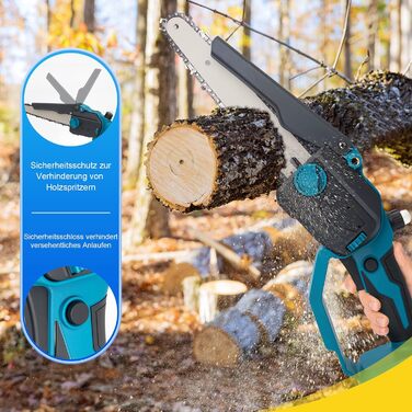 Акумуляторна міні-пила 6 дюймів (20 см) з безщітковим мотором, комплект з 2 ланцюгами 6 дюймів, 2 ланцюгами 8 дюймів, 2 направляючими плитами, 2 батареями високої ємності, для обрізки дерев та різання деревини, блакитна