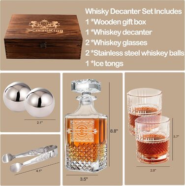 Набір для віскі: декантер, обертові склянки, сталеві кубики, пінцет, дерев'яна коробка для подарунка. Ідеальний подарунок татові та на пенсію