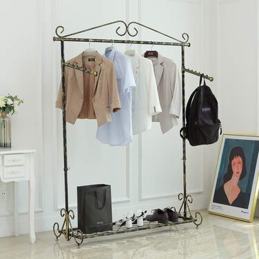 Clothes Rack Clothes Rail Coat Rack with Shoe Storage, Width 136cm, Vintage Style Metal Height Adjustable from 126 to 200 cm (Bronze Black)