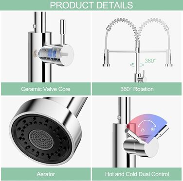 Кухонний змішувач з висувною лійкою, 360° поворот, 2 режими струменя, нержавіюча сталь, хром