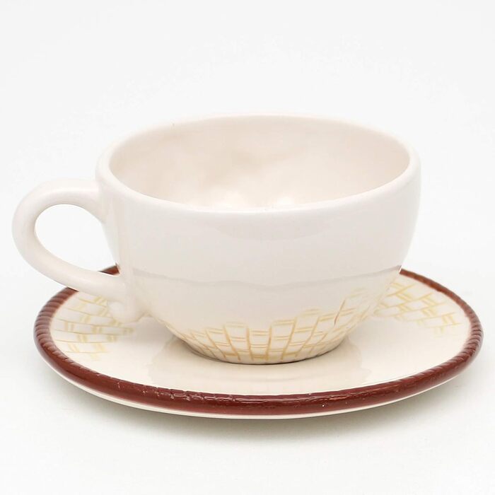 Dolomite coffee cup and saucer set with strawberry relief, size approximately 15.5 x 11 x 6.5 cm, cup with saucer, set of 6