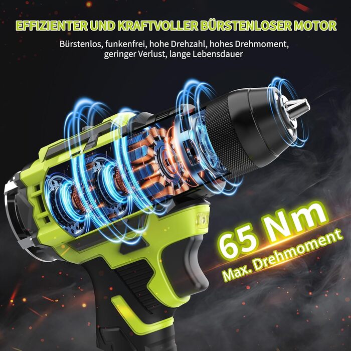 Акумуляторний шуруповерт 21V з набором 46 предметів: безщітковий дриль-шуруповерт, 2 акумулятори 2000 mAh, патрон 3/8', 20+3 ступені крутного моменту, до 65 Н.м, LED-ліхтар, 2 швидкості, аксесуари для електроінструментів