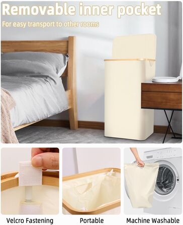 Laundry Basket with Lid 100L, Laundry Box with Bamboo Handles and Inner Pocket, Bamboo Laundry Collector, Large Capacity, Laundry Baskets, Foldable Laundry Baskets for Laundry Room, Bedroom, Bathroom (Beige)