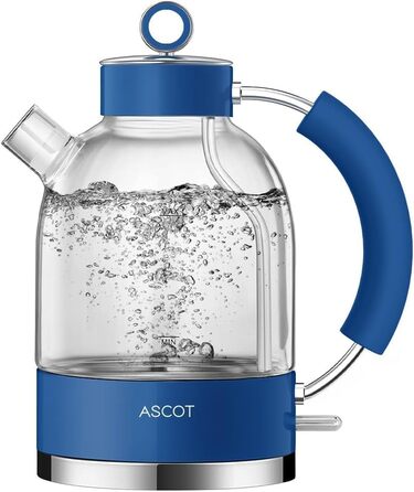 Електричний чайник зі скла ASCOT, 2200W, 1.5L, без BPA, тихий, з функцією автоматичного відключення, білий (класичний блакитний)