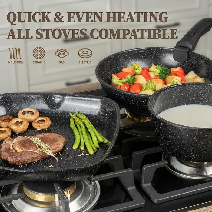 Набір посуду керамічний 23 предмети з антипригарним покриттям та знімними ручками, чорний. Підходить для всіх типів плит, включаючи індукційні. Сковороди 20/26 см, каструля 18 см, сотейник 24 см, жароміцний.