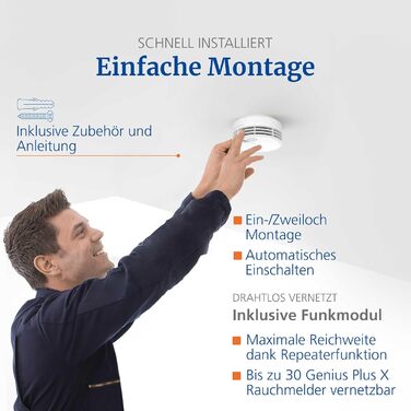 Hekatron Genius Plus X – Interconnected Smoke Detector, 10 Years Battery – with Base X Radio Module – Stiftung Warentest Test Winner – made in Germany – Wireless Smoke Detector Set – multilingual – 1 Piece