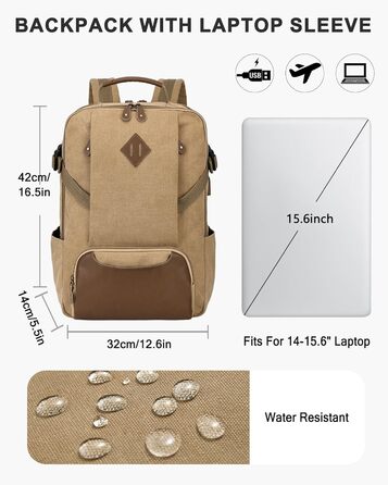 Чоловічий рюкзак для ноутбука 15.6 дюймів, Vintage, водонепроникний, з USB-портом, для подорожей, роботи та навчання (Хакі)