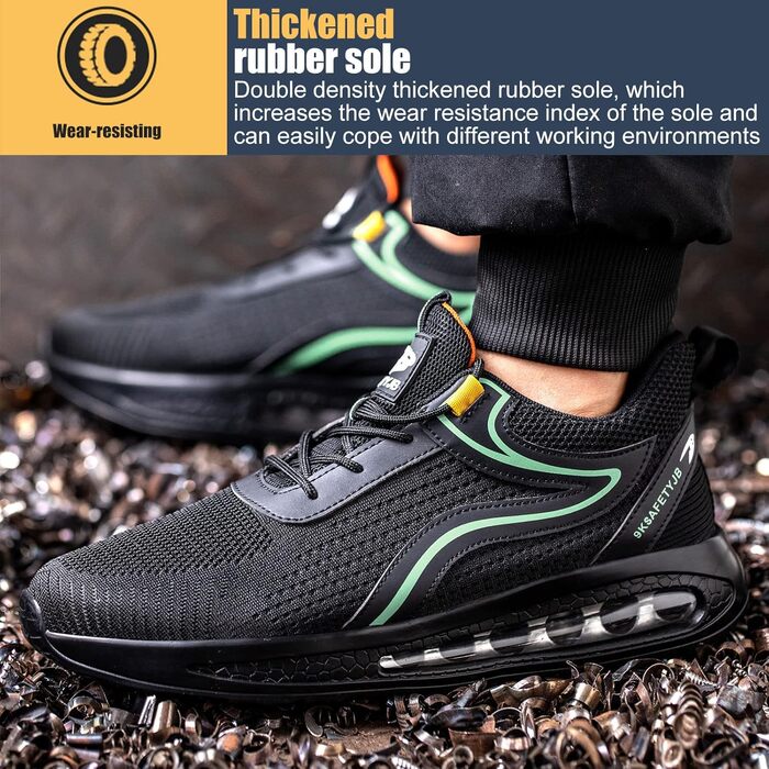 Черевики робочі чоловічі та жіночі S3, легкі, з металевим носком, антиковзаючі, дихаючі, спортивні, чорно-зелені (39 EU)